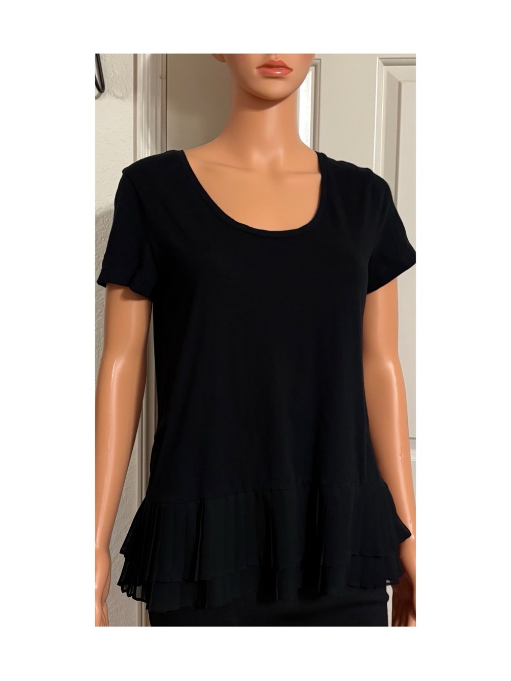 Banana Republic Black Short Sleeve Top with Pleated Ruffle Hem